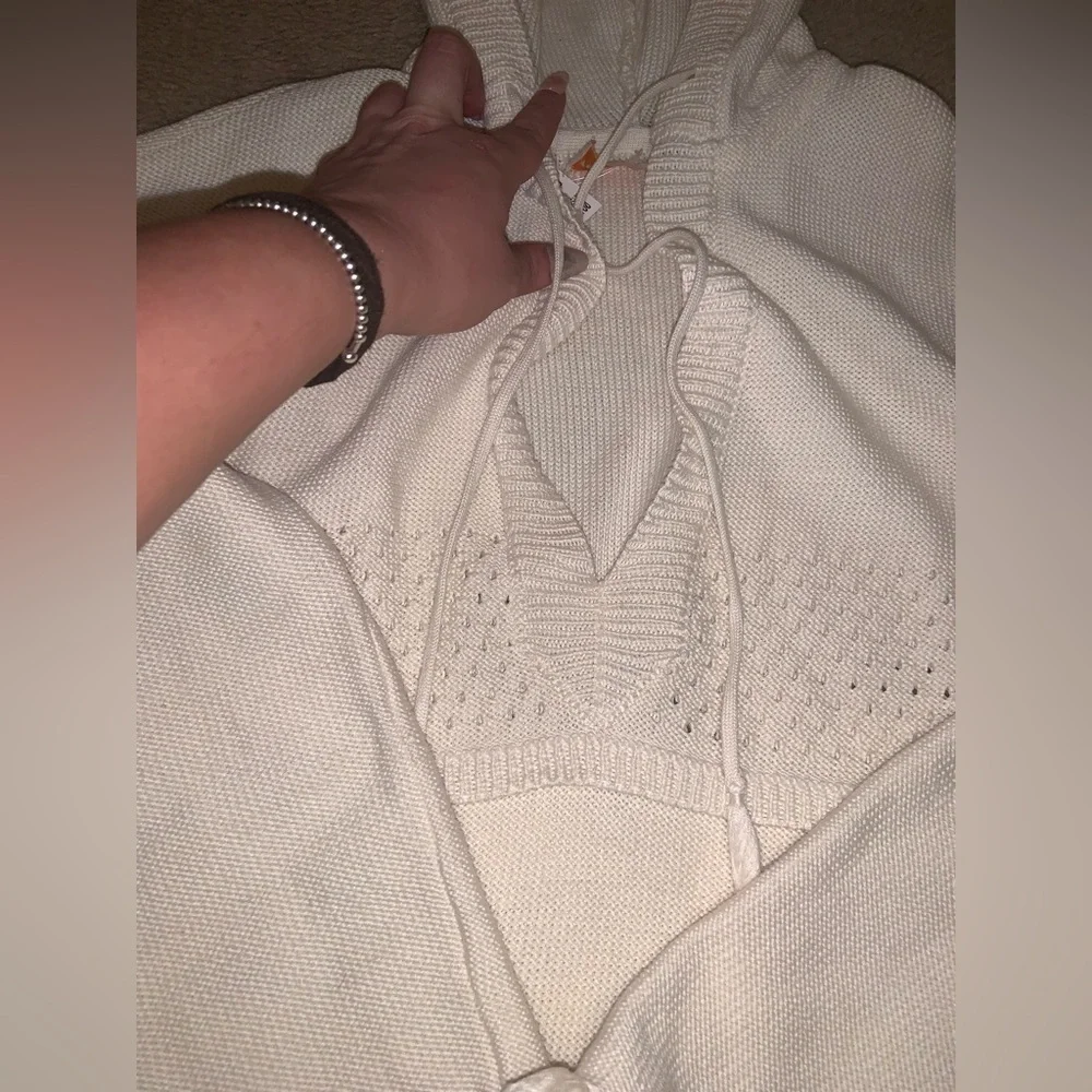 TORY BURCH Cream Baja Hooded Knit Tunic Sweater XS winter casual classic $300